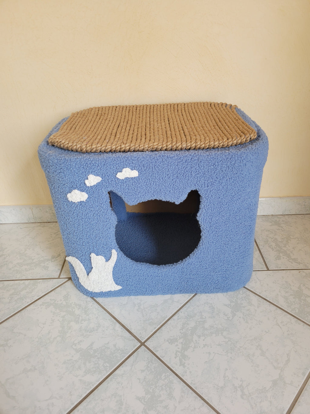Chat assis sur maison pour chat avec surface de griffage